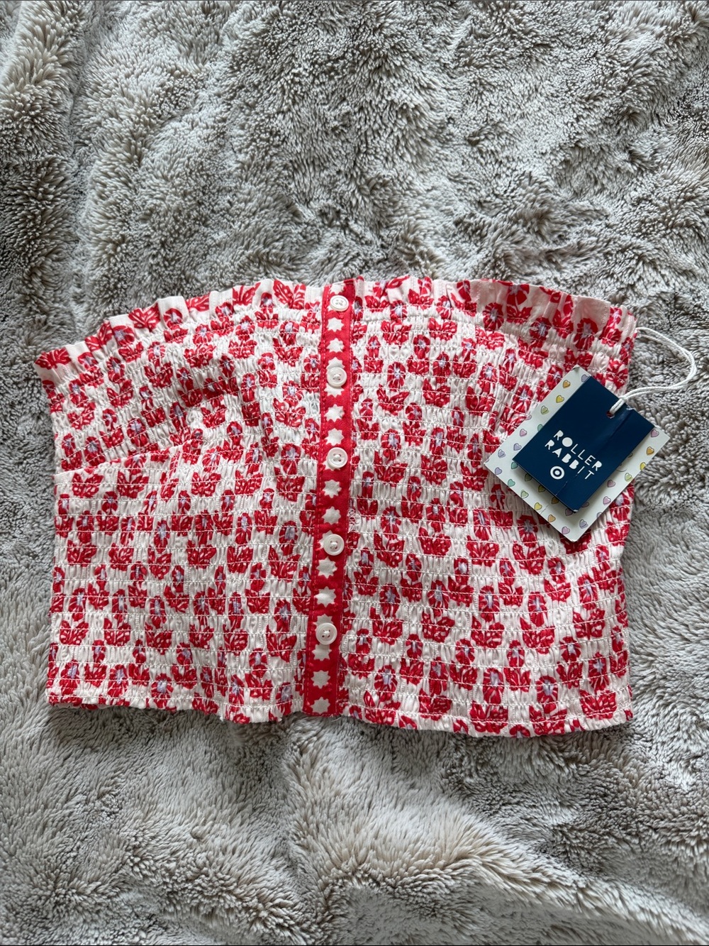 Roller Rabbit Red and White Smocked Button-Front Crop Top
